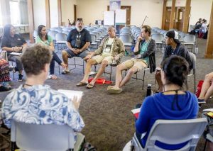 HOLLYN JOHNSON/Tribune-Herald Joel Katz and other teachers discuss uncovering the material in their coursework Wednesday during the Hawaii National Great Teachers Seminar at Kilauea Military Camp in Hawaii Volcanoes National Park.
